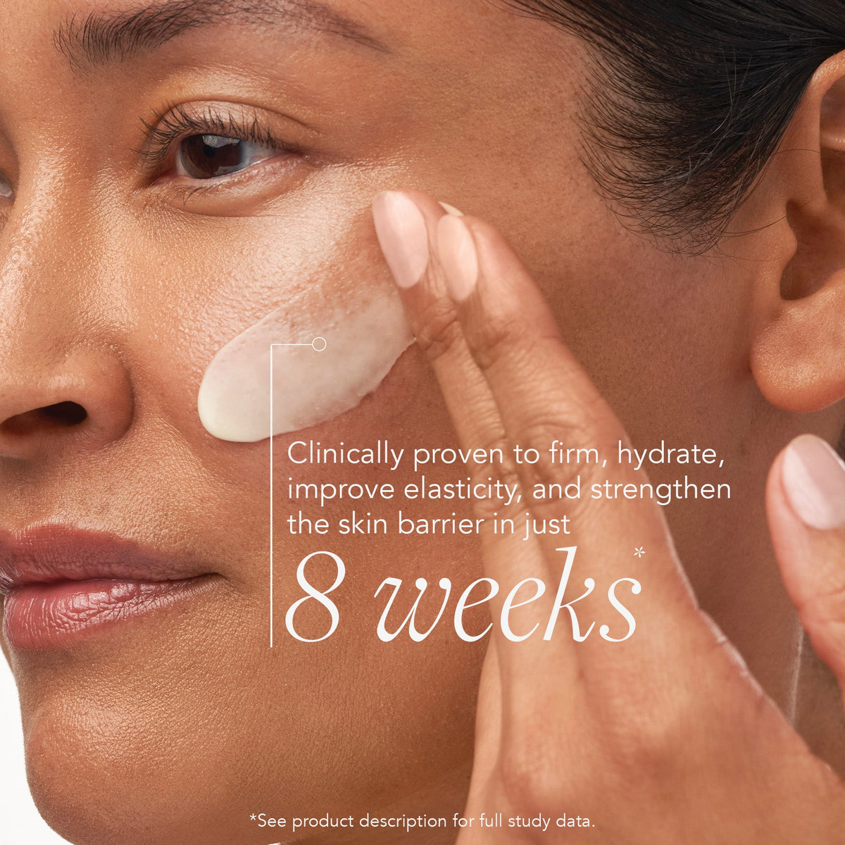 IMAGE Skincare MD Biotech Longevity Crème applied to the cheek with 8-week clinical results