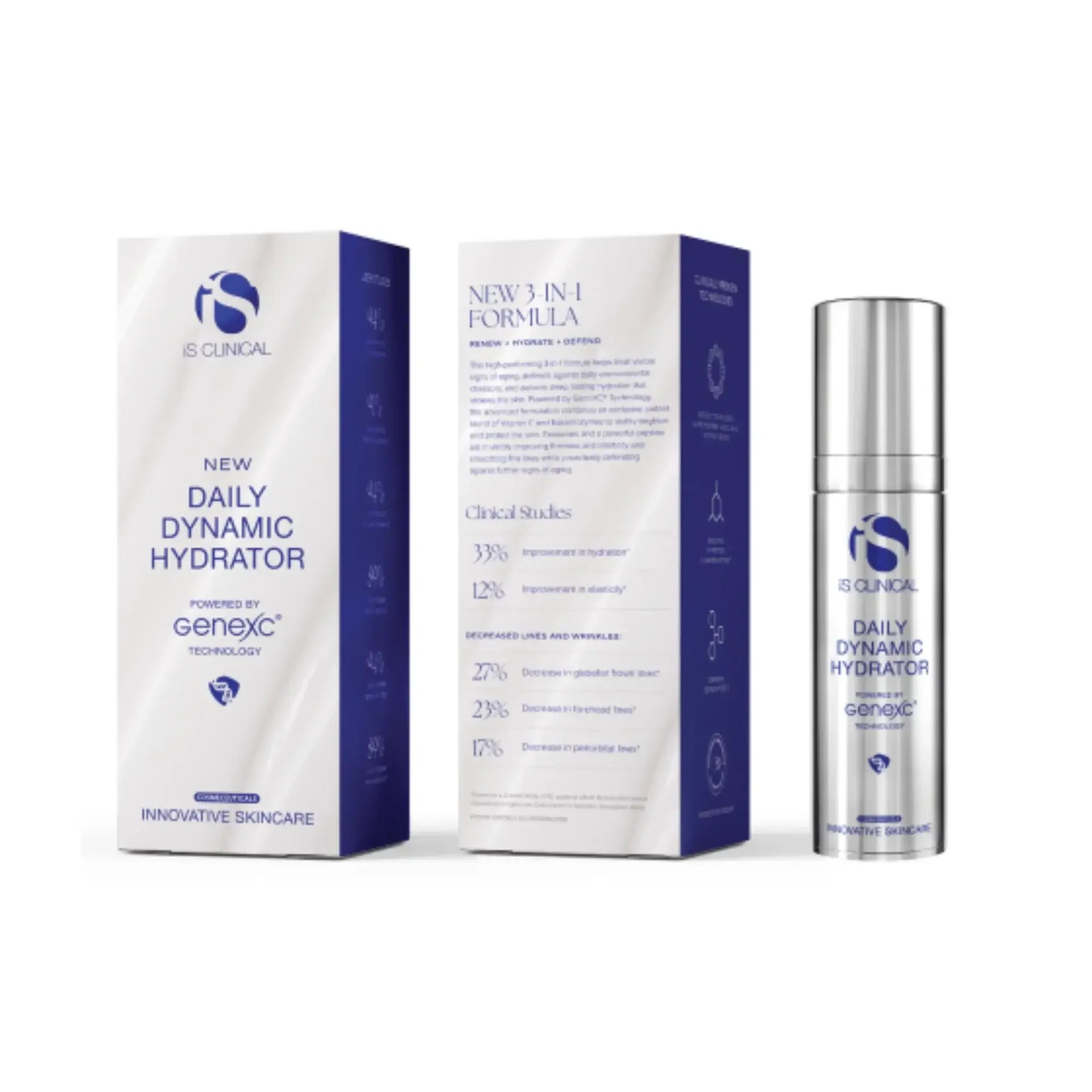 iS Clinical Daily Dynamic Hydrator packaging featuring clinical benefits and GeneXC® Technology.