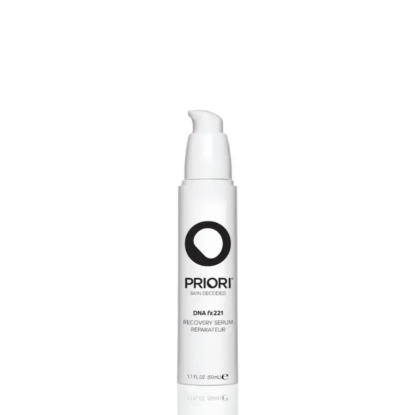 Priori DNA fx221 Recovery Serum in a sleek pump bottle, designed for all skin types and DNA repair.