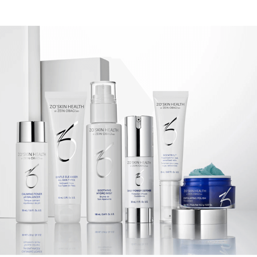 ZO Skin Health Redness Relief + Barrier Defense Program skincare products on display.