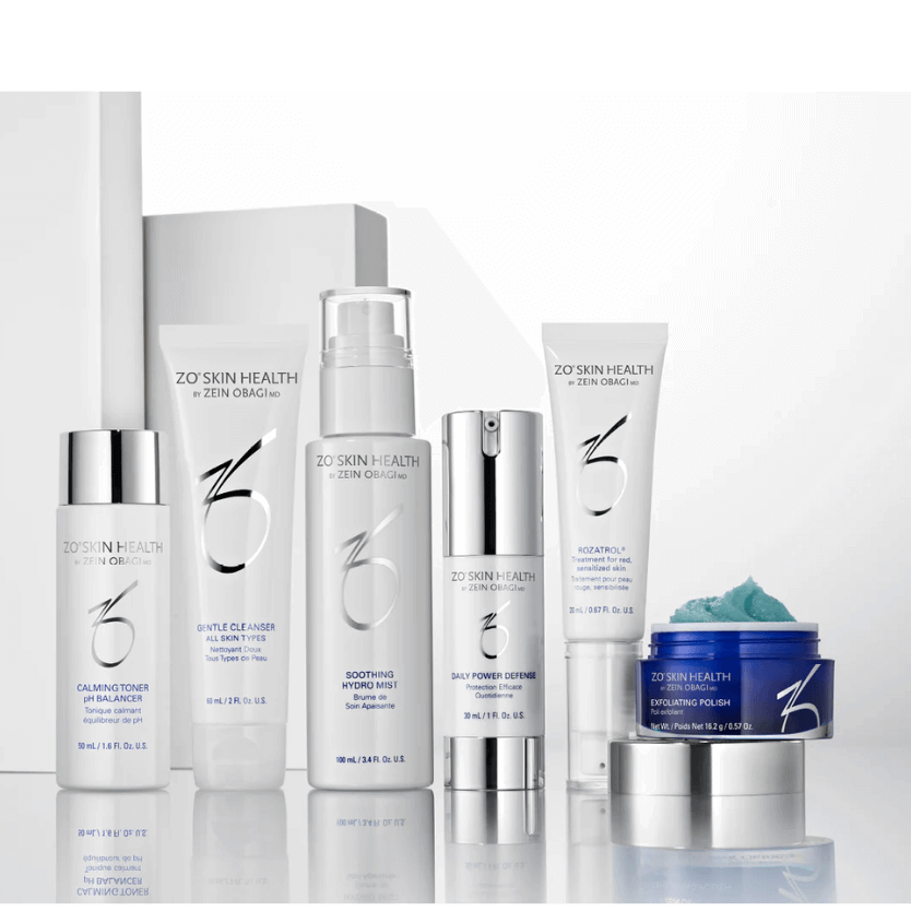 ZO Skin Health Redness Relief + Barrier Defense Program skincare products displayed on a white background.