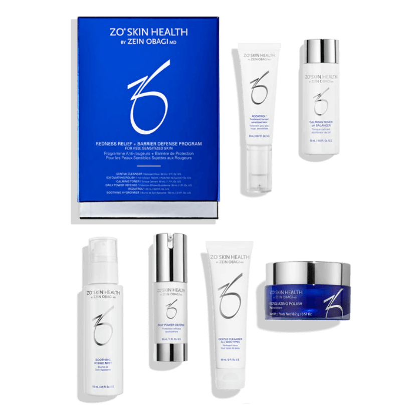 ZO Skin Health Redness Relief + Barrier Defense Program skincare products on display.