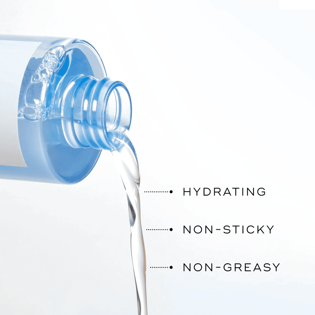 Medik8 Press & Clear tonic bottle pouring a clear liquid, highlighting hydrating, non-sticky, non-greasy benefits.