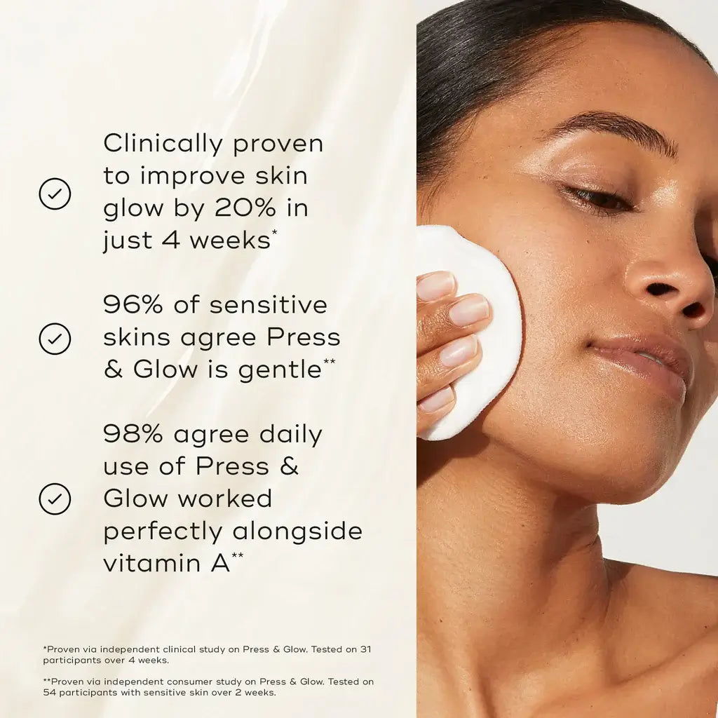 Medik8 Press & Glow claims clinically proven skin glow improvement and gentle formula for sensitive skin.