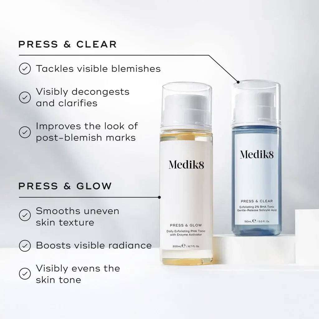 Medik8 Press & Glow and Press & Clear product bottles highlighting skin benefits and radiant glow.