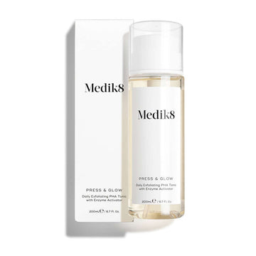 Medik8 Press & Glow 200ml Daily Exfoliating PHA Tonic with Enzyme Activator, gentle for sensitive skin.