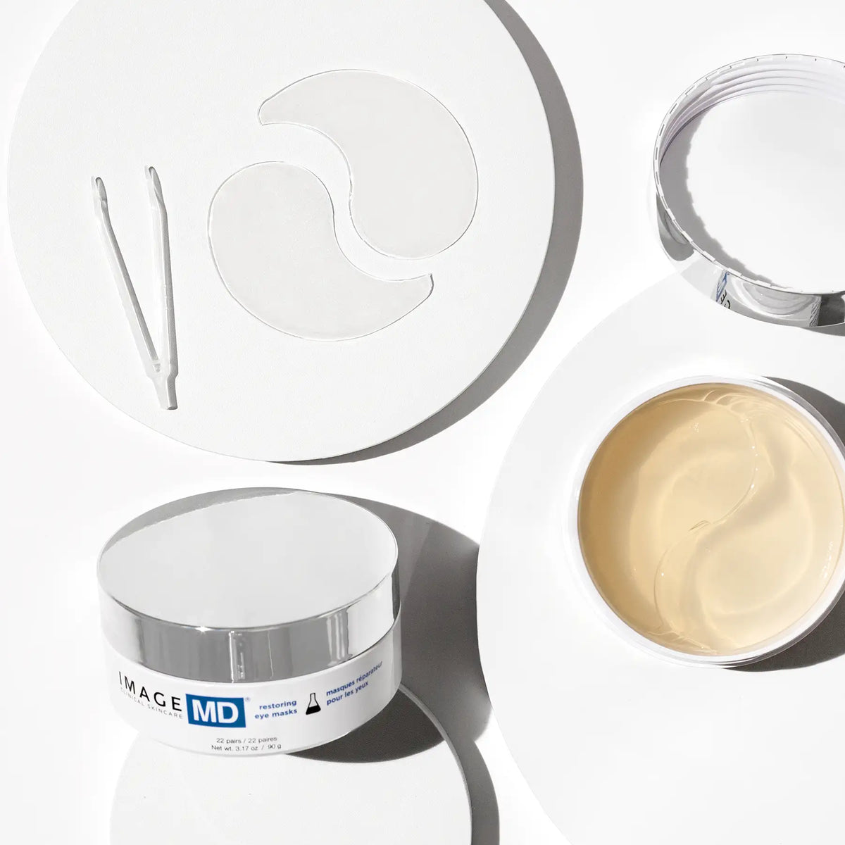 IMAGE Skincare MD Restoring Eye Masks clear hydro-gel masks, tweezers and open jar