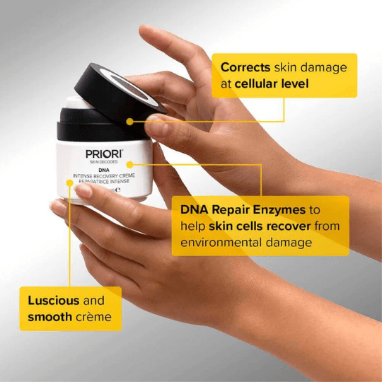 PRIORI DNA Repair & Protect Cream in a hand, highlighting its benefits for skin repair and hydration.