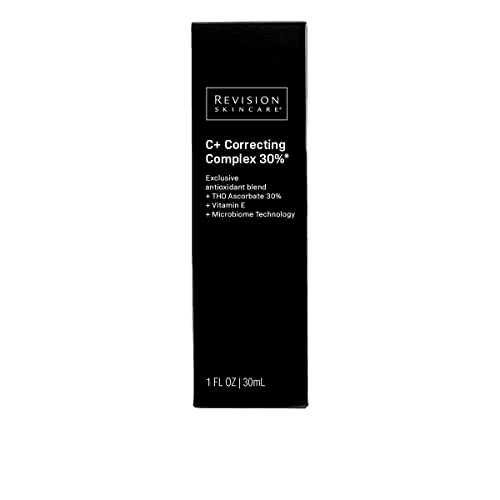 Revision Skincare C+ Correcting Complex 30% serum packaging featuring antioxidant blend and microbiome technology.