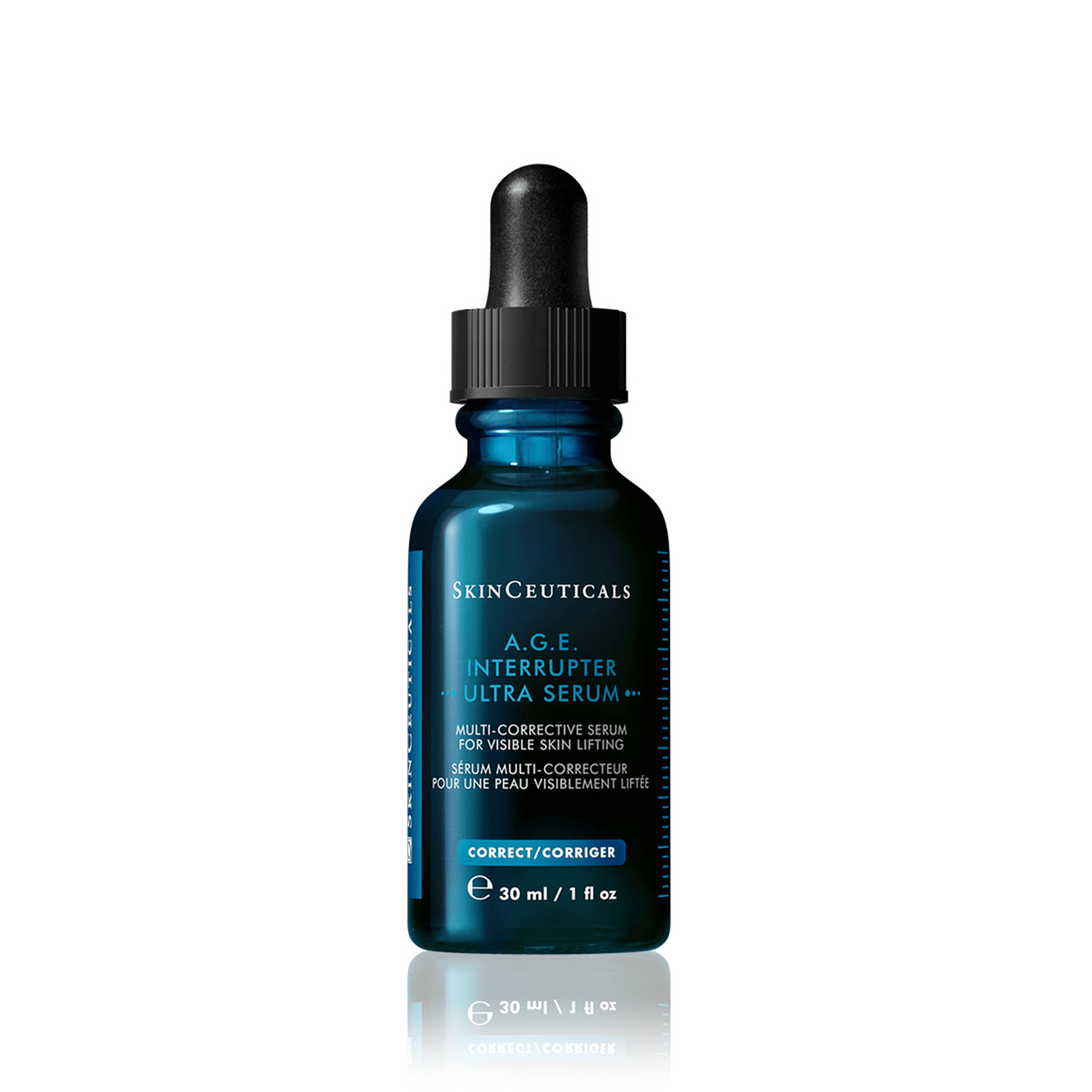 SkinCeuticals A.G.E. Interrupter Ultra Serum bottle with dropper for visible skin lifting in a blue glass container.