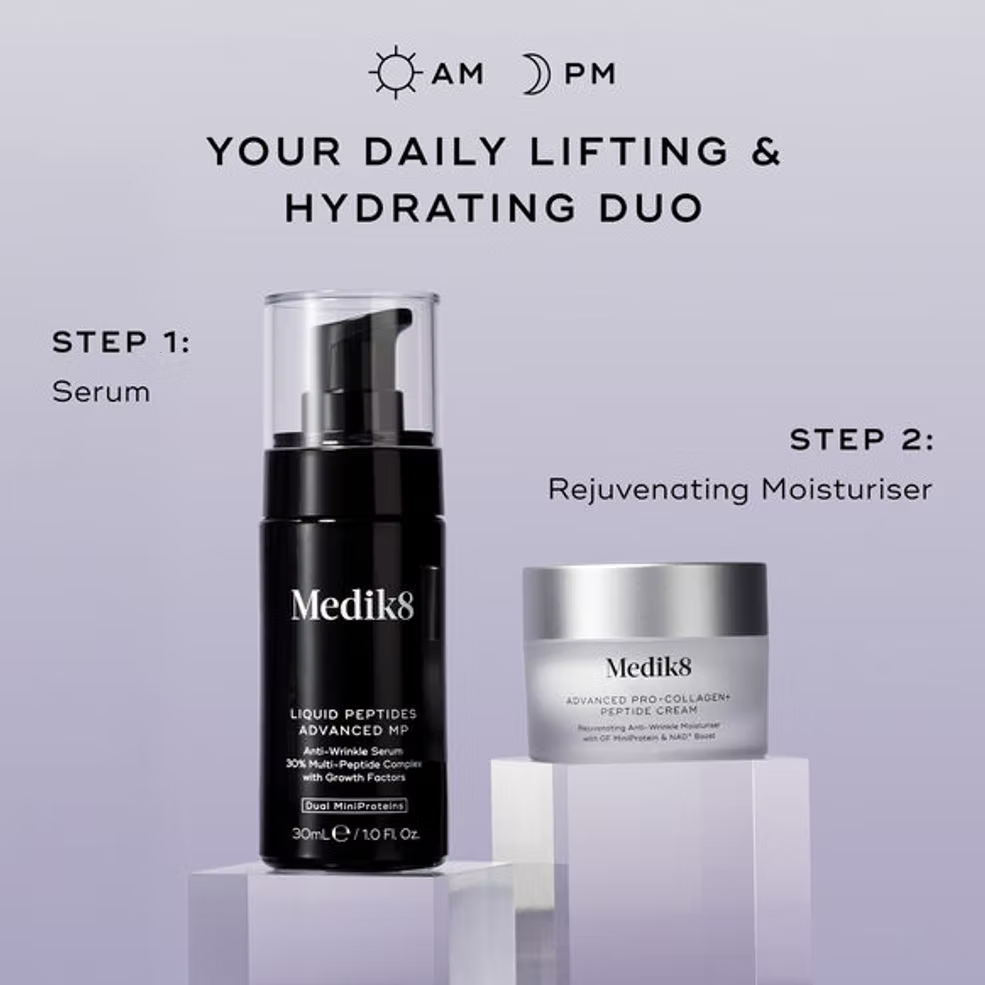 Medik8 Peptide Boosters Kit featuring Liquid Peptides Advanced MP serum and Pro-Collagen peptide cream for daily lifting.
