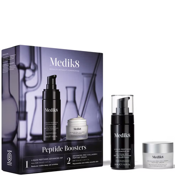 Medik8 Peptide Boosters Kit featuring Liquid Peptides Advanced MP and Pro-Collagen+ Cream in a stylish packaging.