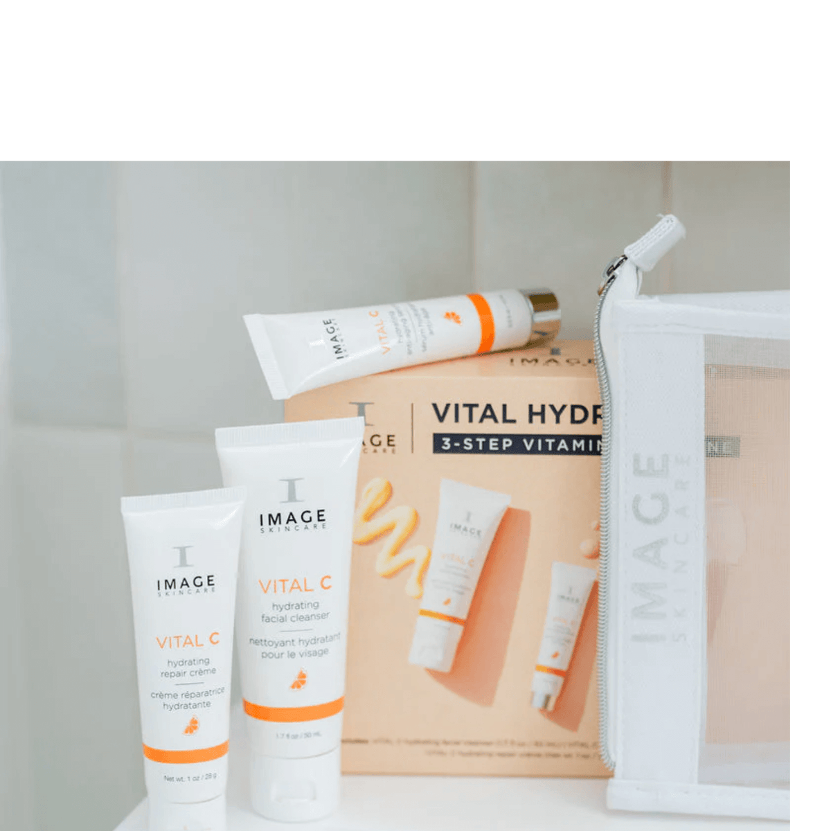 IMAGE Skincare VITAL HYDRATION 3-Step Vitamin C Routine with cleanser, moisturizer, and serum for glowing skin.