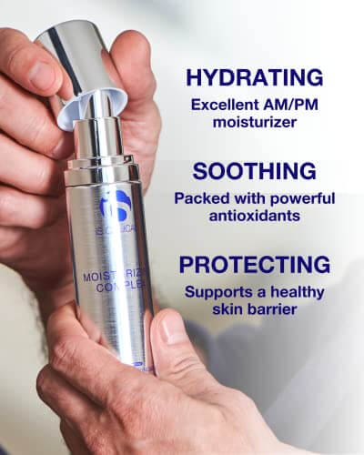 iS Clinical Moisturizing Complex in hand, highlighting hydrating, soothing, and protecting features of the moisturizer.