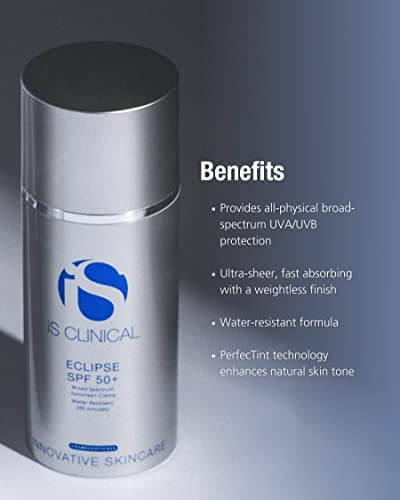 iS Clinical Eclipse SPF 50+ bottle showcasing benefits of broad-spectrum UVA/UVB protection and water-resistant formula.