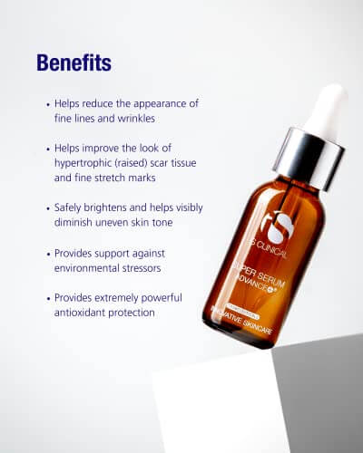iS Clinical Super Serum Advance+ benefits including wrinkle reduction and skin tone improvement.