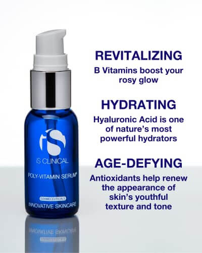 iS Clinical Poly-Vitamin Serum in a blue bottle, highlighting revitalizing, hydrating, and age-defying properties.