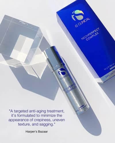 iS Clinical NeckPerfect Complex serum and packaging against a bright background for skin tightening and lifting.