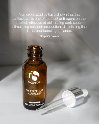 iS Clinical Super Serum Advance+ bottle showcasing powerful antioxidant benefits for skincare.
