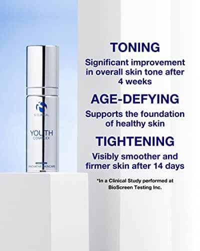iS Clinical Youth Complex serum with text highlighting toning, age-defying, and tightening benefits for youthful skin.