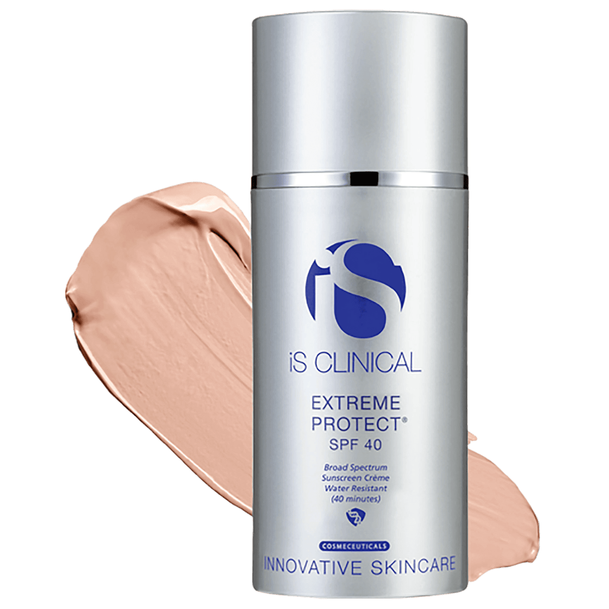 iS Clinical Extreme Protect SPF 40 sunscreen bottle with tinted product swatch for UV protection.