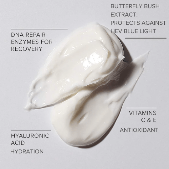 PRIORI DNA Repair & Protect Cream shown with textures and key ingredients like hyaluronic acid and butterfly bush extract.