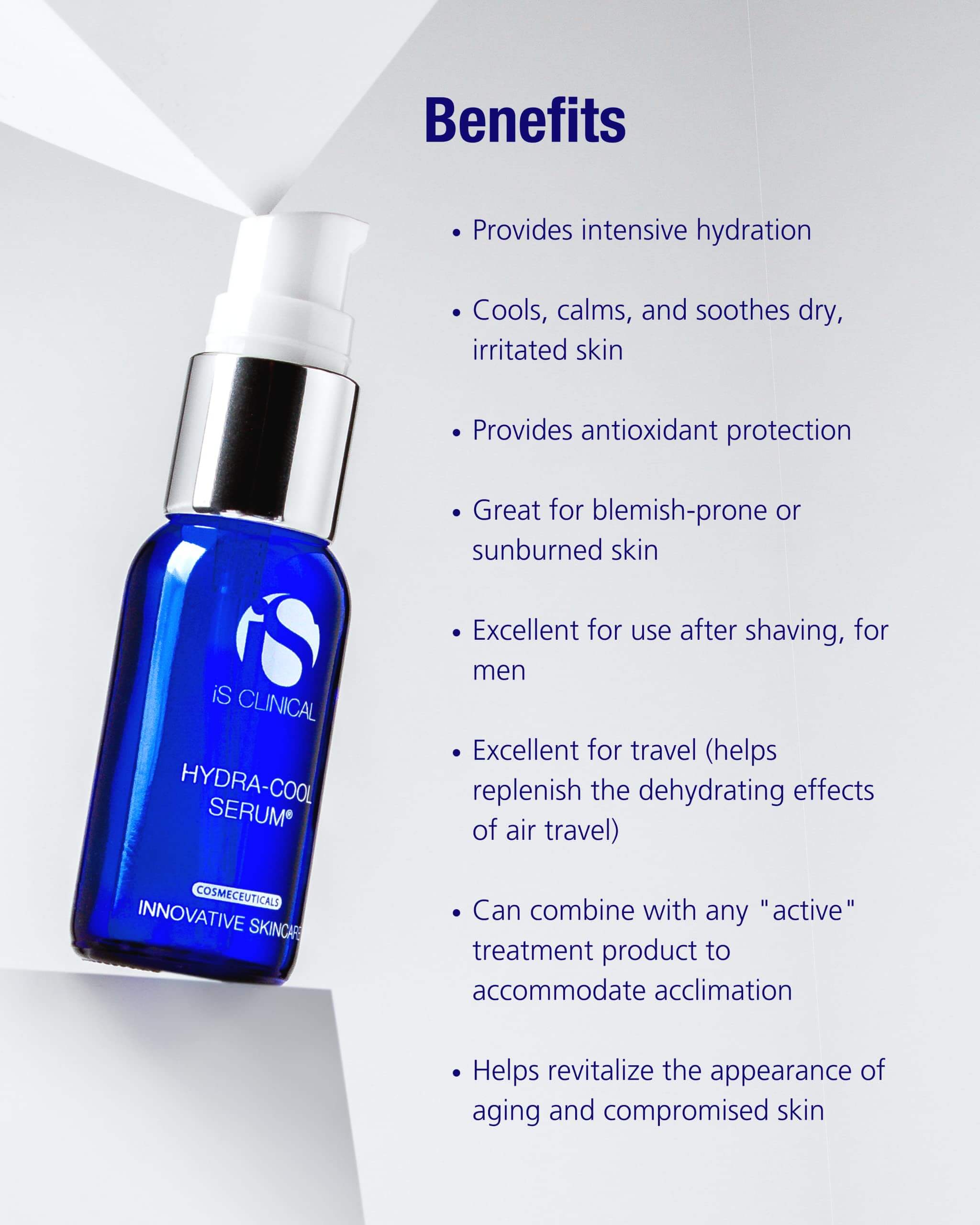 iS Clinical Hydra-Cool Serum bottle showcasing benefits for hydration and skin soothing.