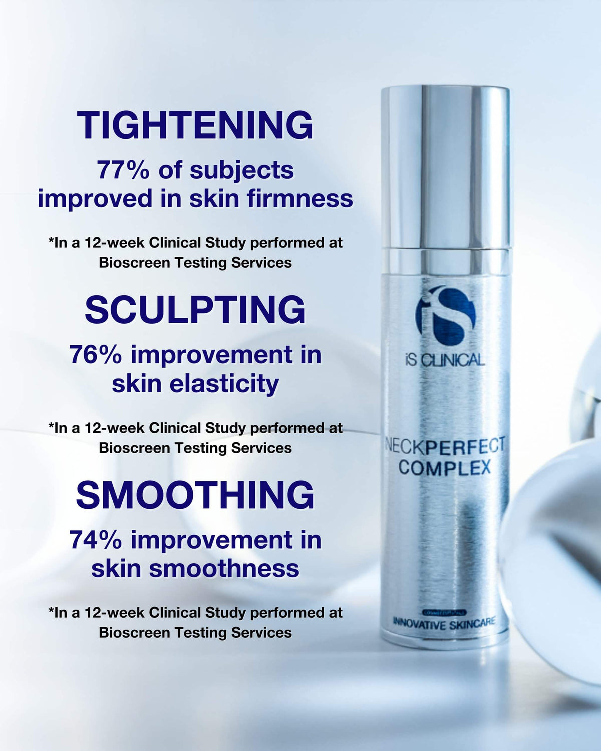 iS Clinical NeckPerfect Complex serum with statistics on tightening, sculpting, and smoothing results.