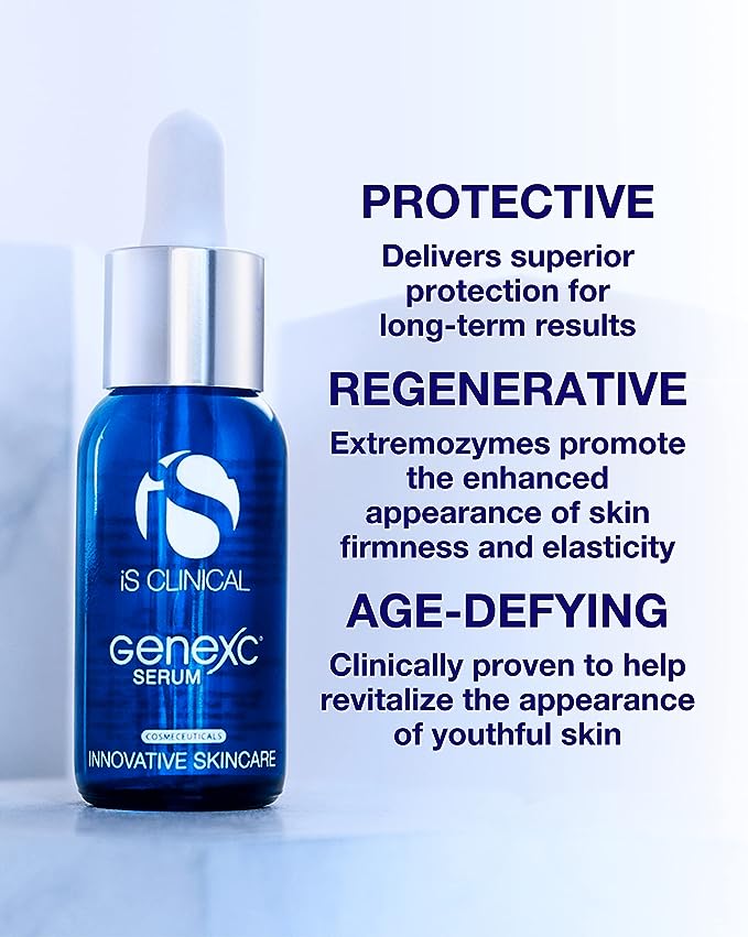 iS Clinical GeneXC Serum promotes skin firmness with age-defying properties and protective benefits for youthful skin.