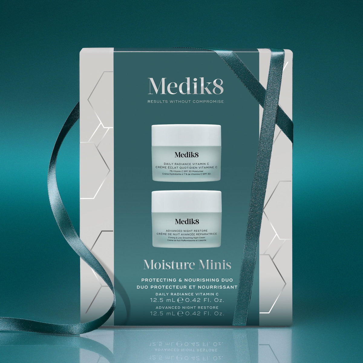 Medik8 Moisture Minis festive gift box wrapped in teal ribbon
