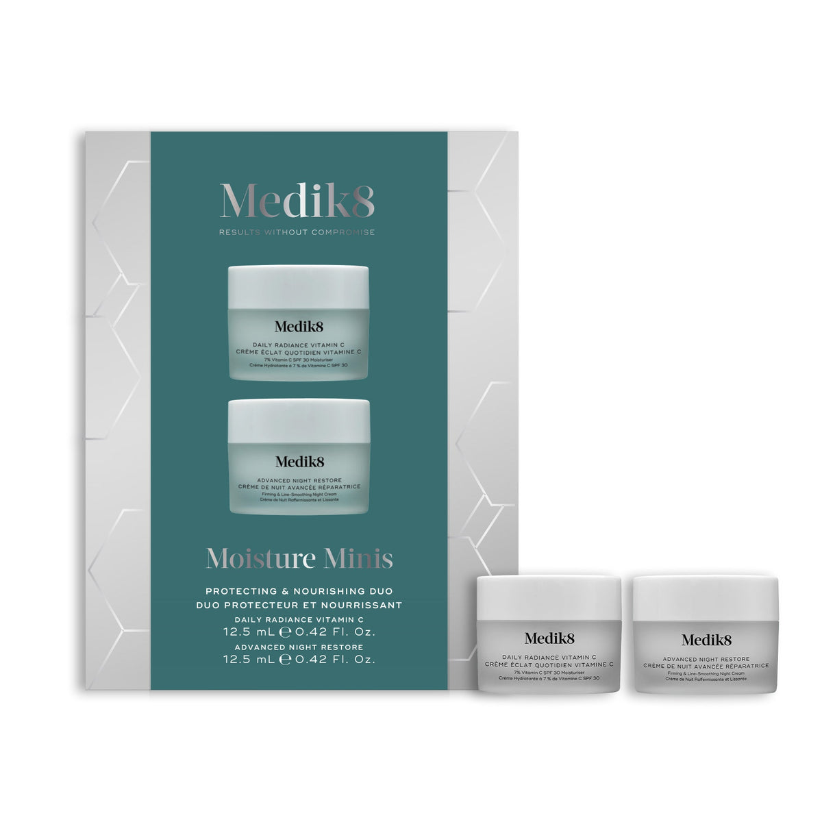 Medik8 Moisture Minis gift box with Daily Radiance Vitamin C and Advanced Night Restore 12.5ml jars