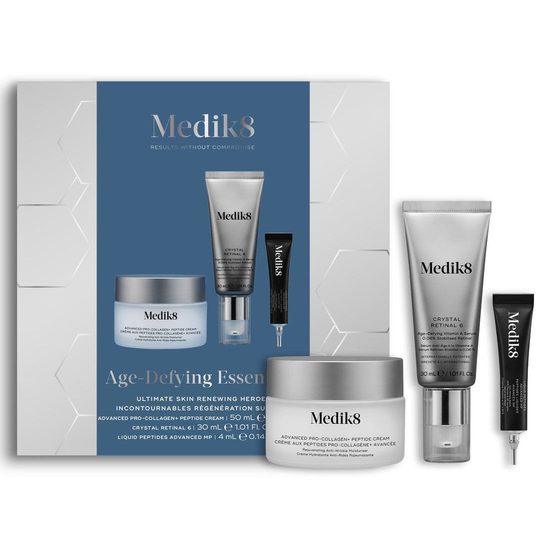 Medik8 Age-Defying Essentials gift box with Advanced Pro-Collagen+ Peptide Cream, Crystal Retinal 6 and Liquid Peptides Advanced MP
