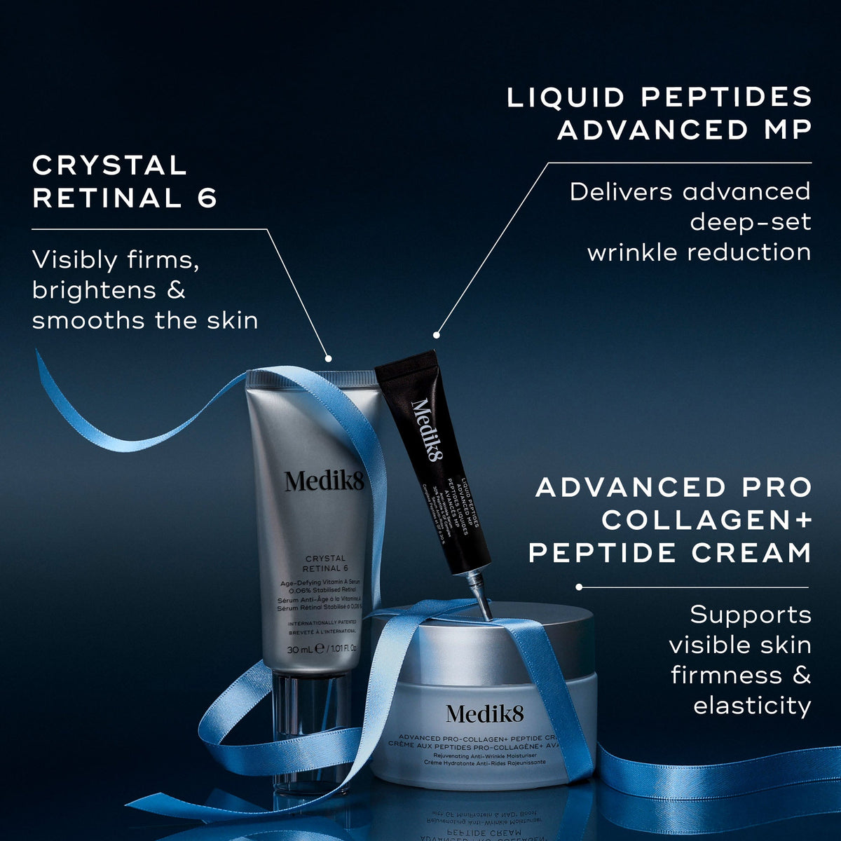 Medik8 Age-Defying Essentials trio with key benefits of each product