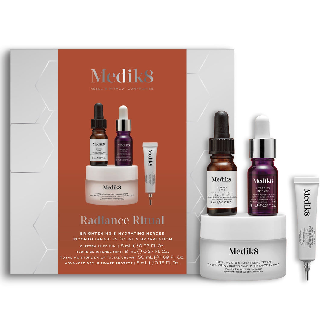 Medik8 Radiance Ritual gift box with Total Moisture Daily Facial Cream, C-Tetra Luxe, Hydr8 B5 Intense and Advanced Day Ultimate Protect