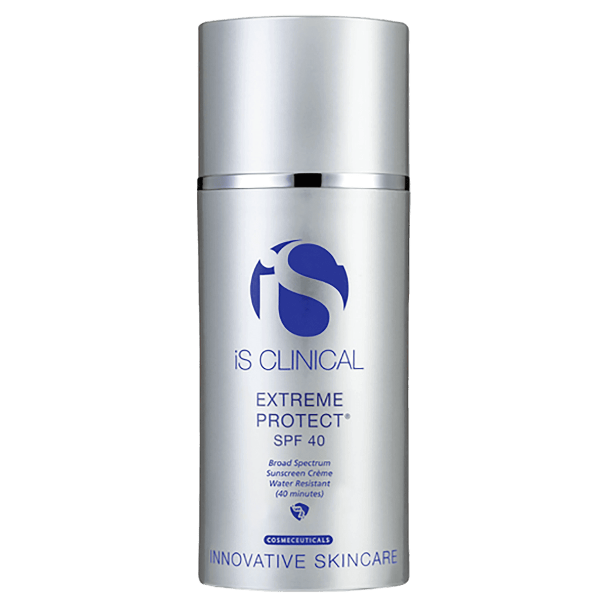 iS Clinical Extreme Protect SPF 40 mineral sunscreen with water resistance in a sleek silver packaging.
