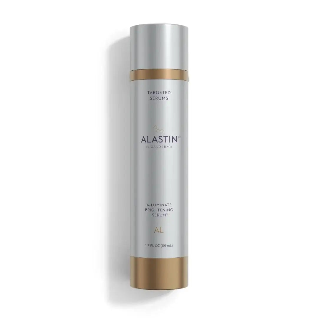 ALASTIN A-LUMINATE Brightening Serum in a sleek silver bottle for brighter, even-looking skin.
