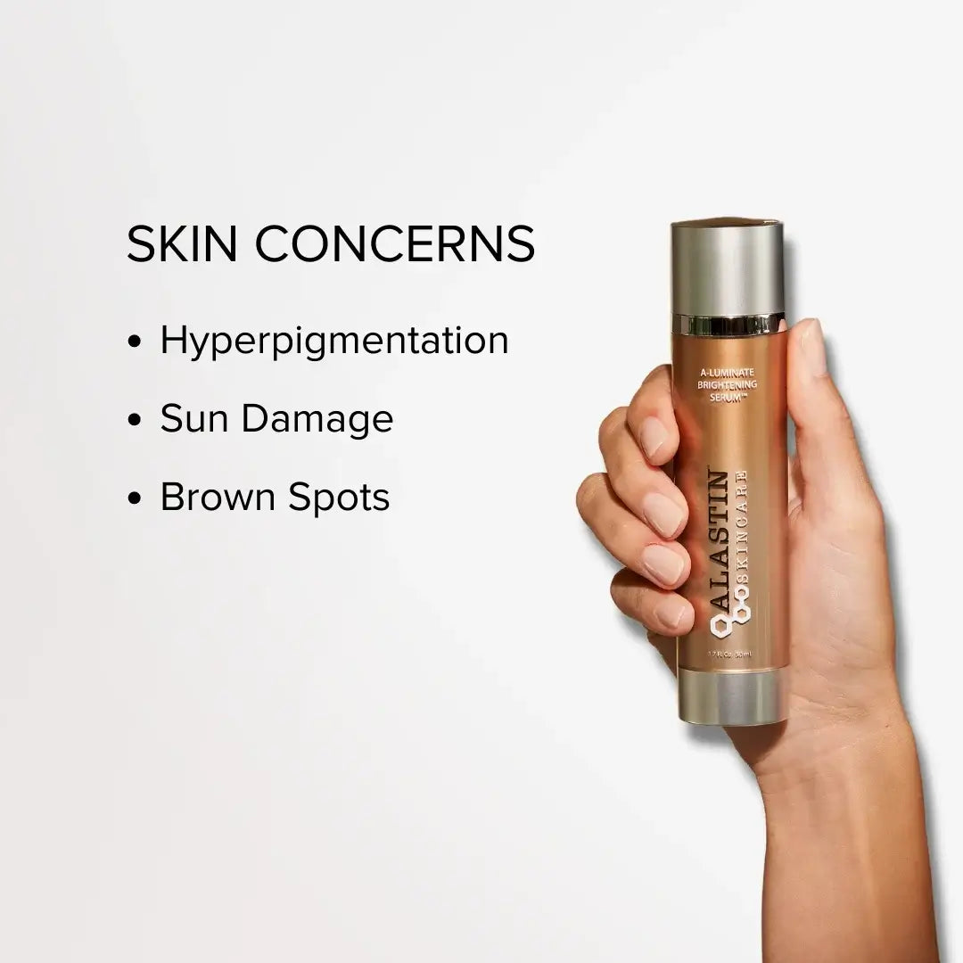 ALASTIN A-LUMINATE Brightening Serum in a sleek silver bottle for brighter, even-looking skin.