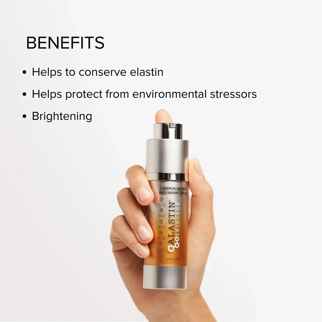 ALASTIN C-RADICAL Defense Antioxidant Serum in a sleek silver and gold bottle, promoting antioxidant protection.