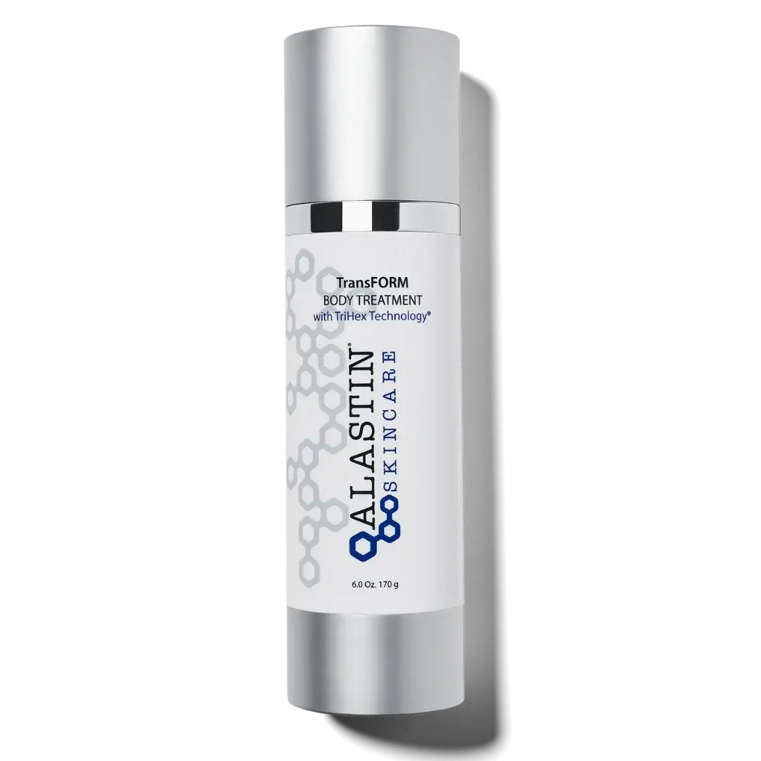 ALASTIN TransFORM Body Complex in a sleek bottle for firming crepey skin and improving texture.