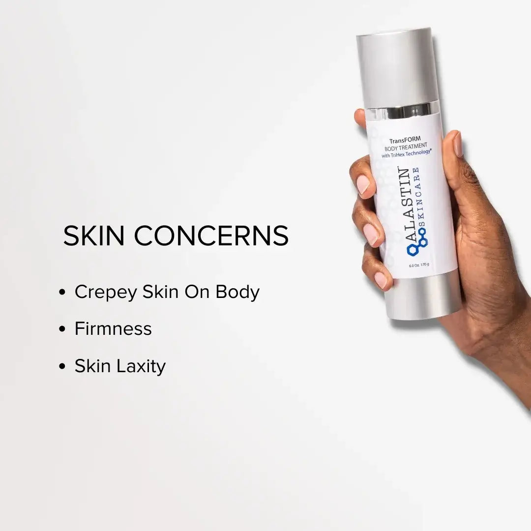 ALASTIN TransFORM Body Complex in a sleek bottle for firming crepey skin and improving texture.