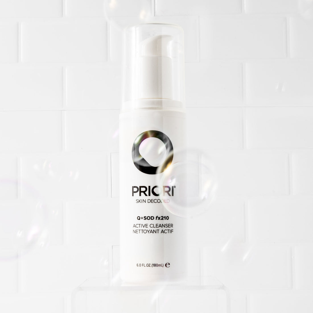 PRIORI Q+SOD Active Cleanser pump bottle and box