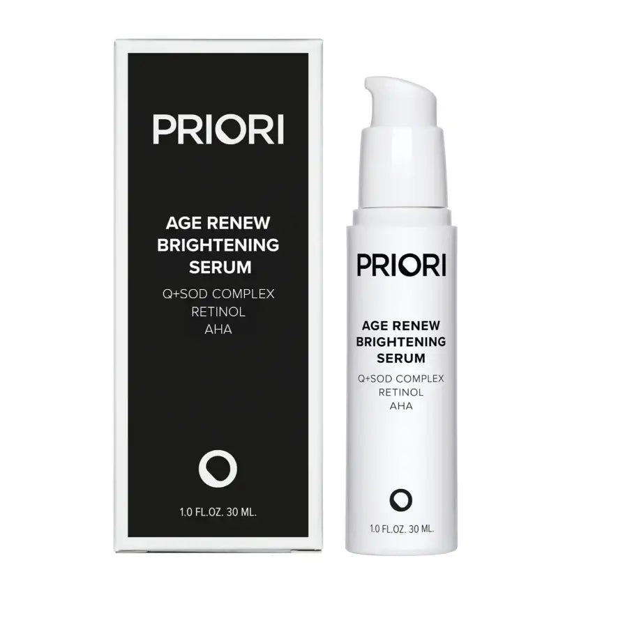 PRIORI Age Renew Brightening Serum Q-SOD in a sleek bottle and box, designed for brightening skin tone and targeting pigmentation.