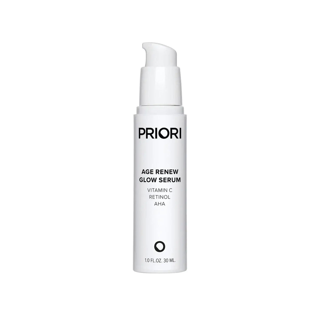 PRIORI Age Renew Glow Serum packaging and bottle showcasing retinol, vitamin C, and AHA formula for anti-ageing.