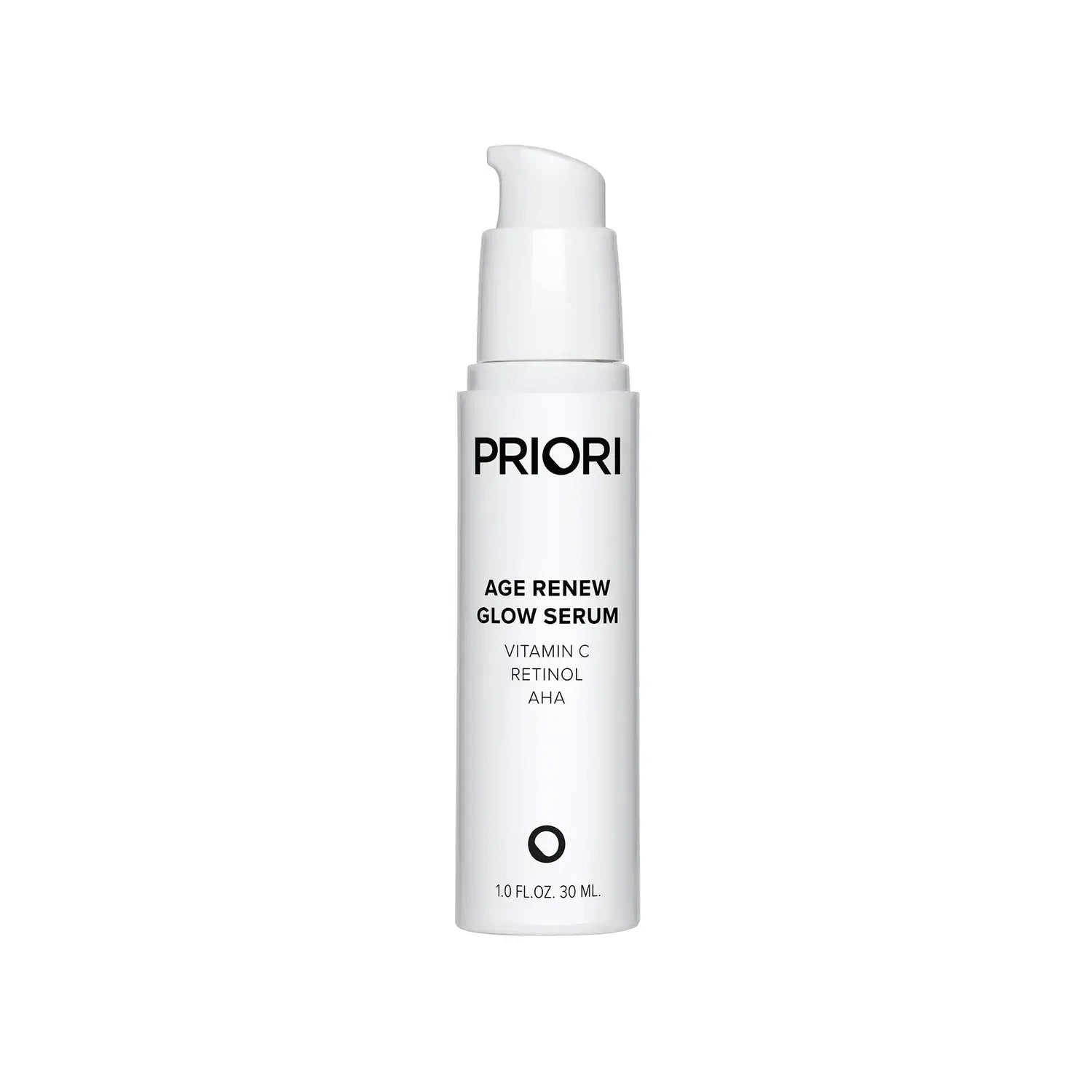 PRIORI Age Renew Glow Serum bottle featuring Vitamin C, Retinol, and AHA for smooth, firm, and bright skin.