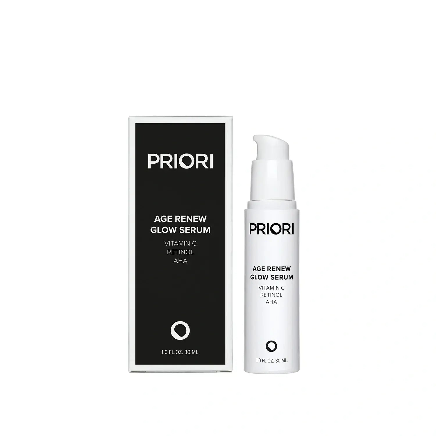 PRIORI Age Renew Glow Serum packaging and bottle showcasing retinol, vitamin C, and AHA formula for anti-ageing.