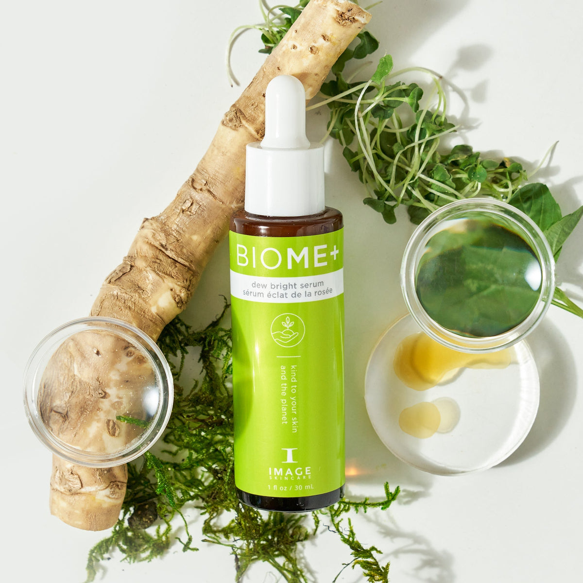 IMAGE Skincare BIOME+ Dew Bright Serum bottle with botanical ingredients