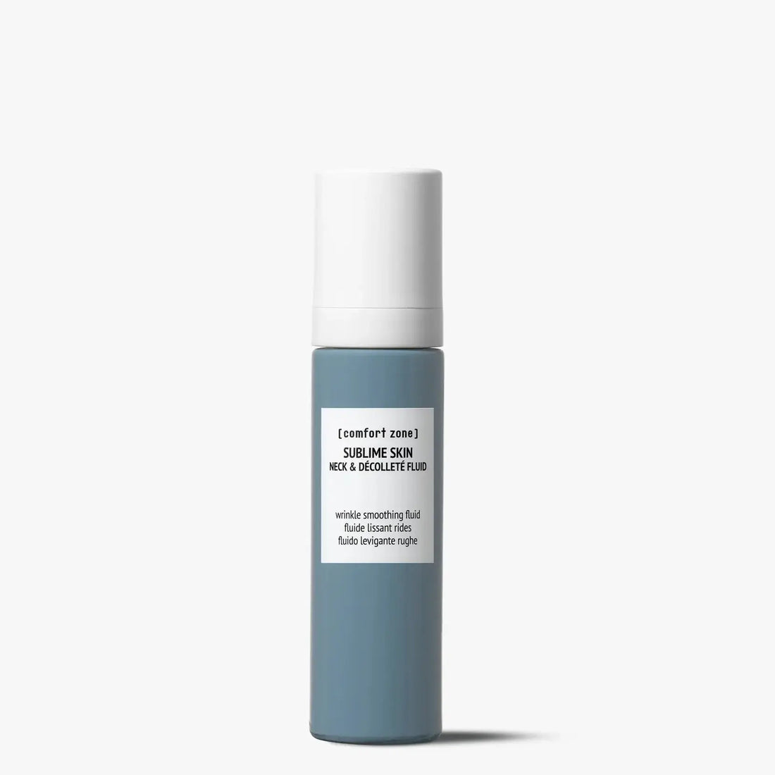 Comfort Zone Sublime Skin Neck & Décolleté Fluid bottle on a white background, targeted wrinkle treatment for delicate skin.