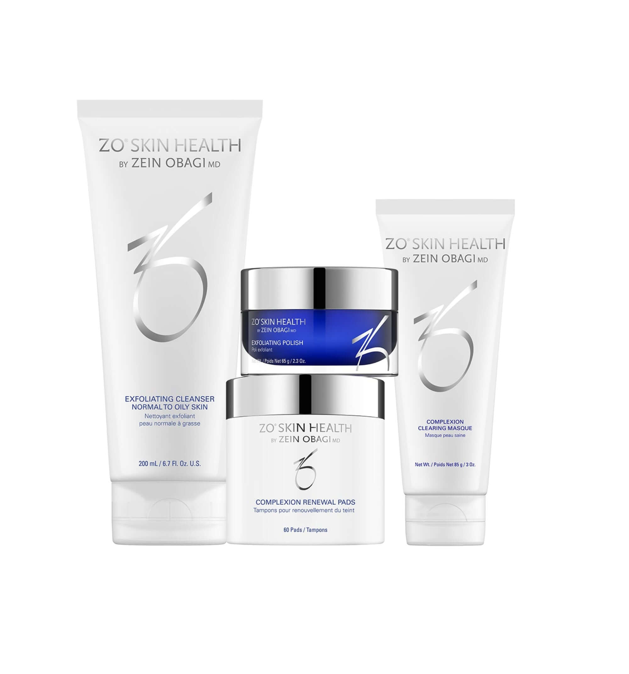 ZO Skin Health Complexion Clearing Program skincare products including exfoliating cleanser and renewal pads.