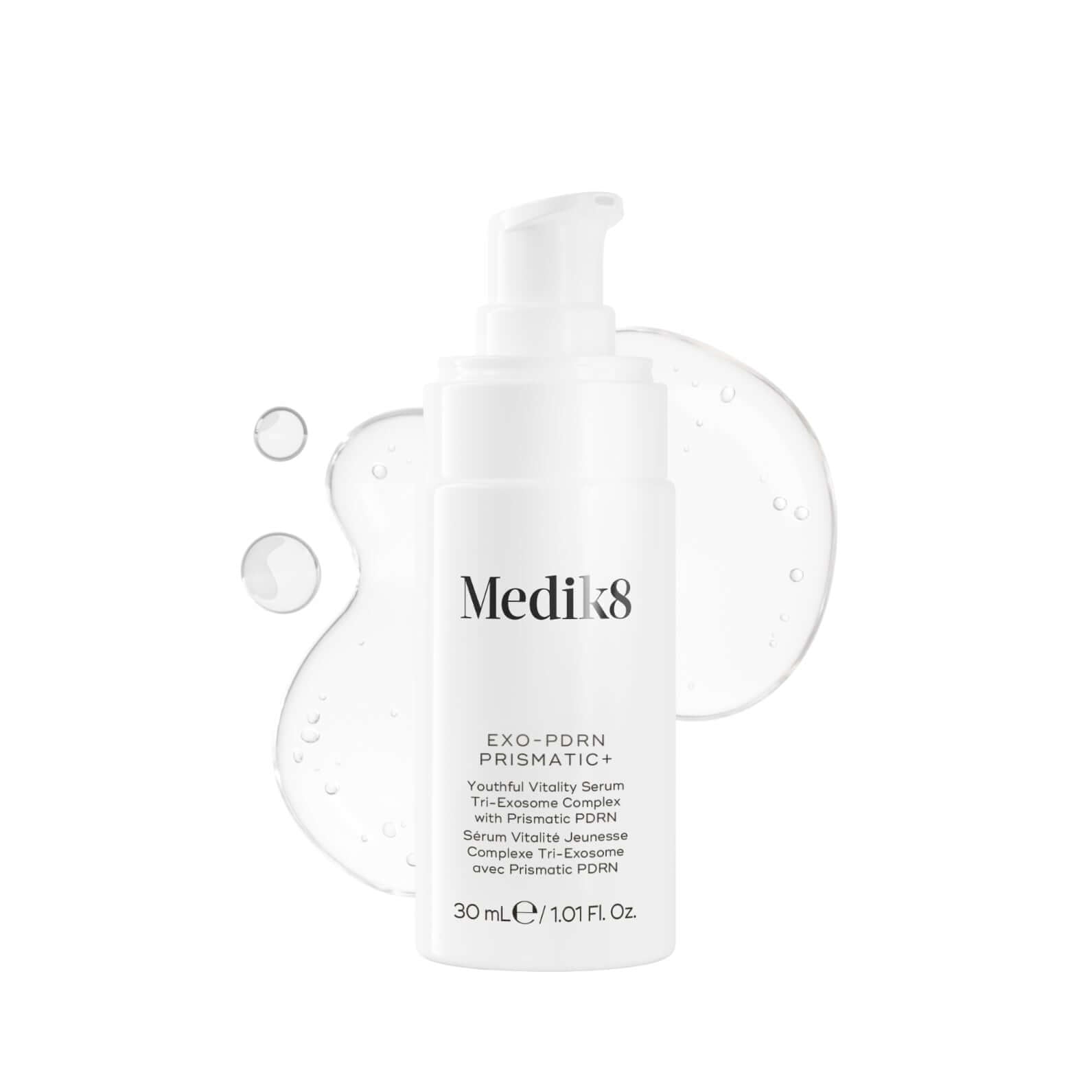 Medik8 Exo-PDRN Prismatic+ youth vitality serum on a clear background with drops of liquid
