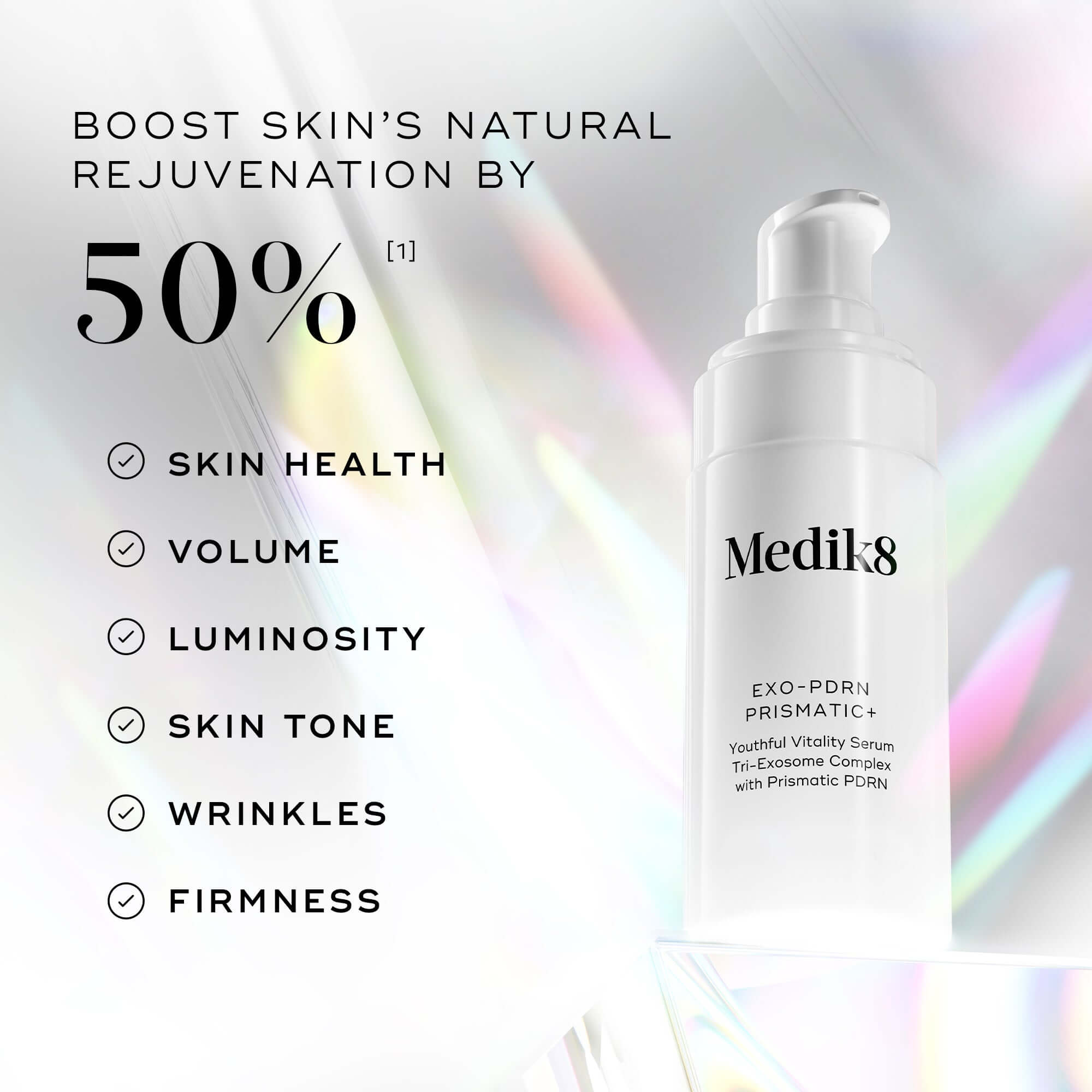Medik8 Exo-PDRN Prismatic+ serum for skin rejuvenation and health benefits.